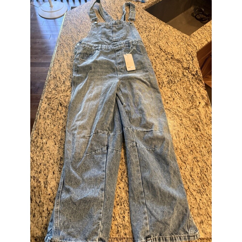 NWT EMERY ROSE Denim Jean Overall Pants Large Pockets Washed Bohemian Baggy